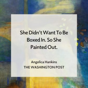Vivian Browne, For You, 1974, Oil on canvas, 46 3/4 x 50 3/4 in., Courtesy of Adobe Krow Archives, Los Angeles, and RYAN LEE Gallery, New York. © Vivian Browne; Text overlay reads 'She Didn't Want To Be Boxed In. So She Painted Out, Angelica Hankins, The Washington Post.'